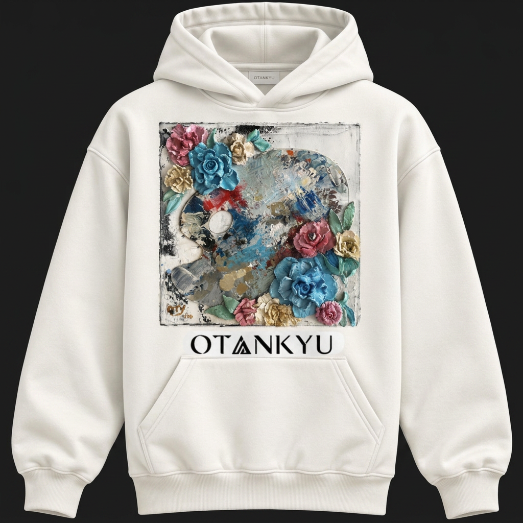Back of a white OTANKYU hoodie printed with the sculpted paint palette artwork