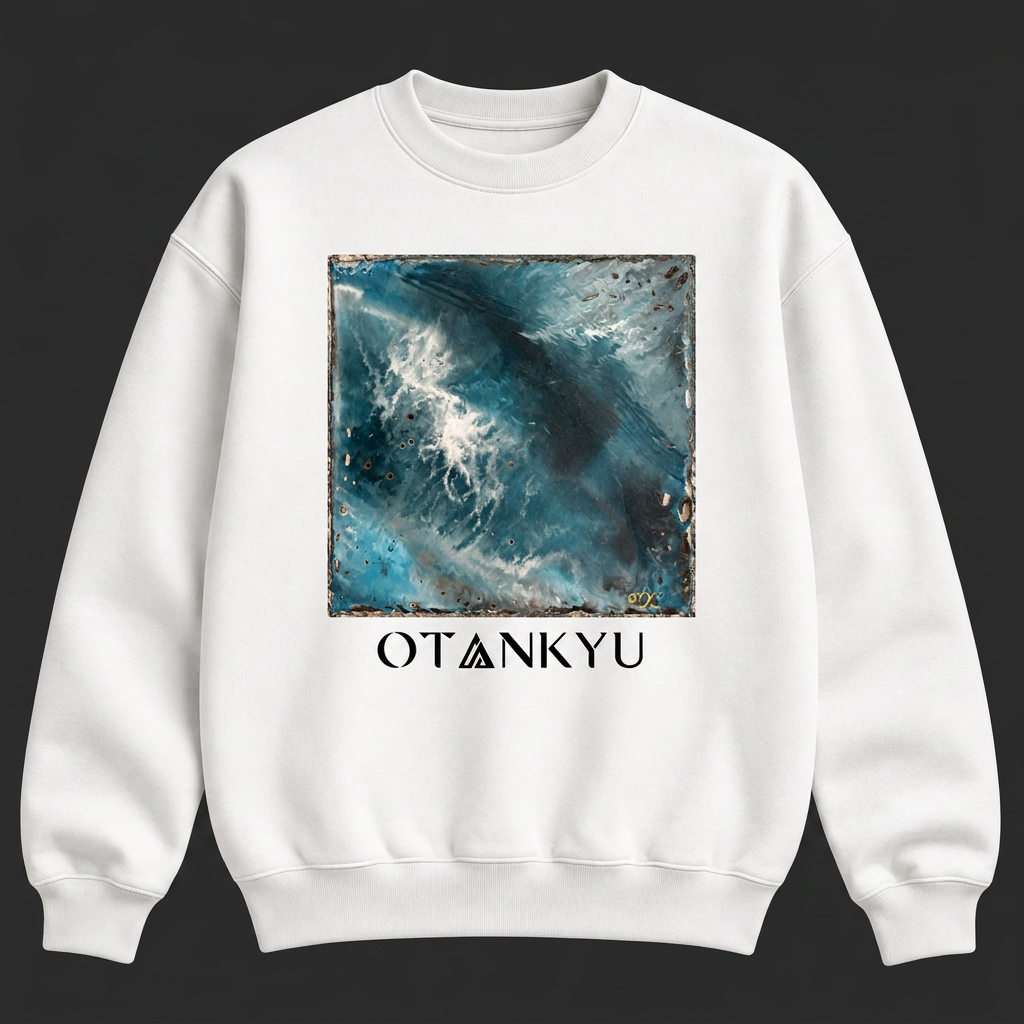 White OTANKYU sweatshirt printed with the stormy weathers painting