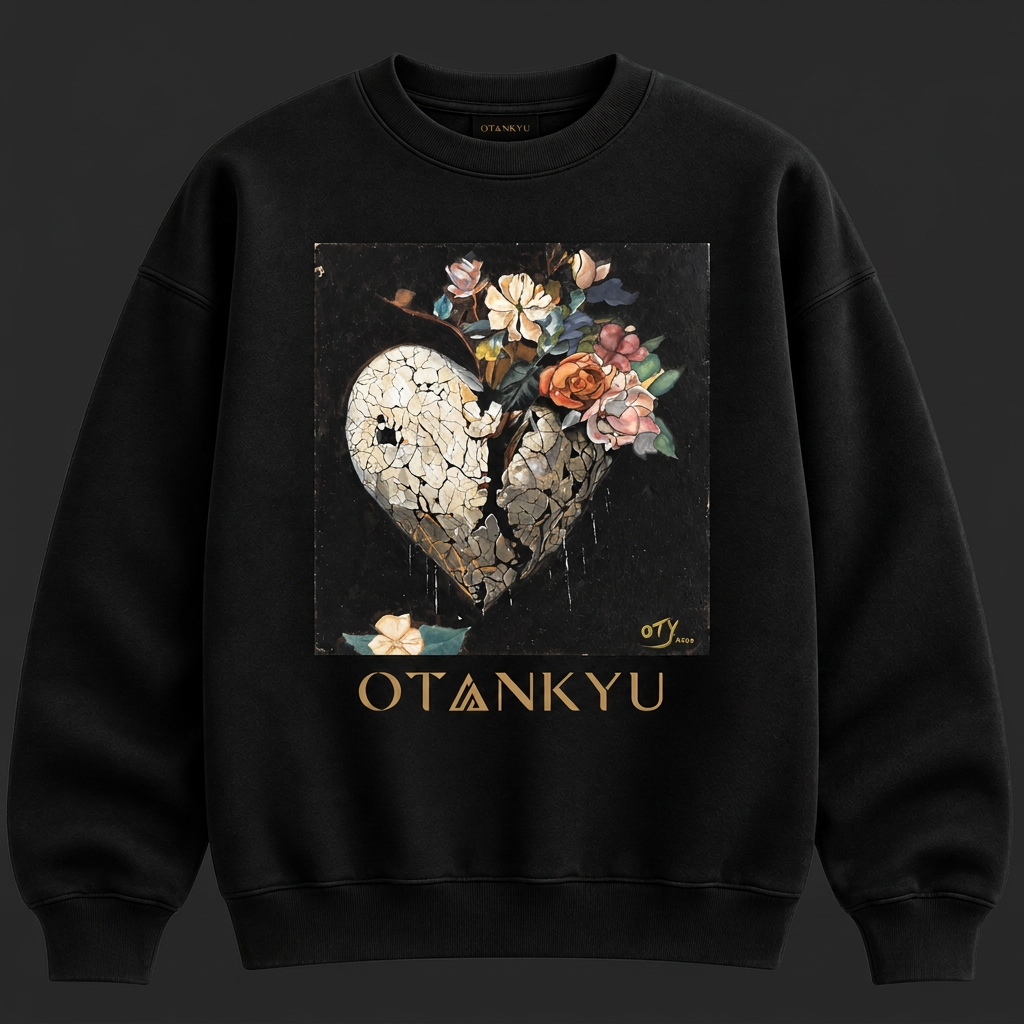 Black OTANKYU crewneck printed with the cracked heart floral painting