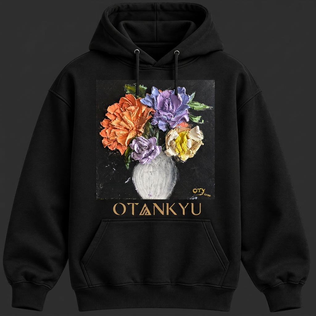 Black OTANKYU hoodie printed with the sculpted flower vase painting